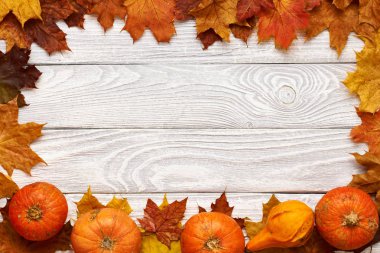 Yaprakları ve kabaklar ahşap arka plan üzerinde 