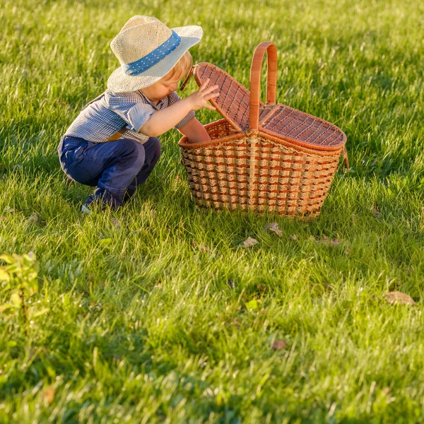 Bambino ragazzo cercando in cestino da picnic — Foto Stock