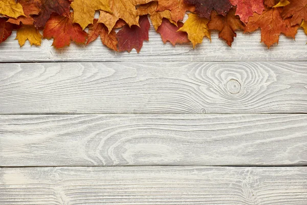 Dřevěné pozadí s podzimními listy — Stock fotografie
