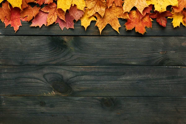 Drewniane tło z liśćmi jesieni — Zdjęcie stockowe