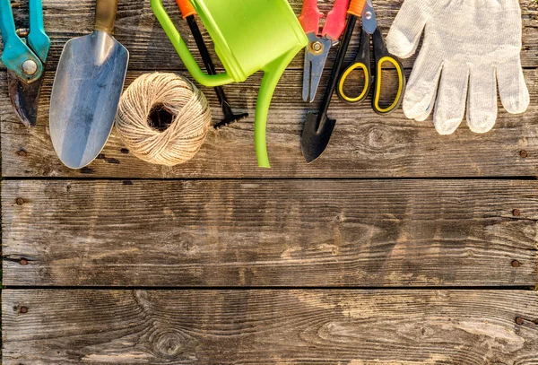 Herramientas de jardinería sobre mesa de madera —  Fotos de Stock