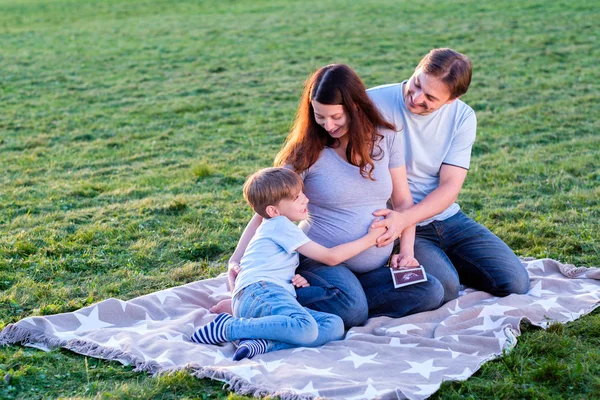 Gravida familj kramas på grönt gräs — Stockfoto