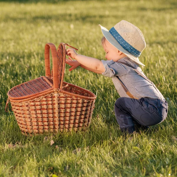 Μωρό αγόρι με καλάθι πικ-νικ — Φωτογραφία Αρχείου