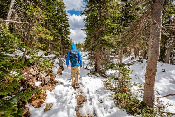 Turista con mochila senderismo en sendero nevado —  Fotos de Stock