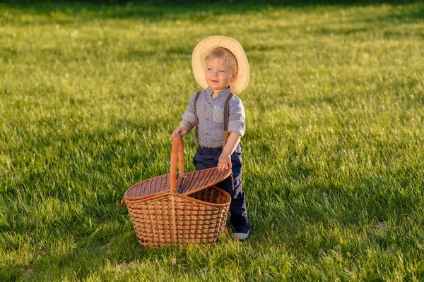 Мальчик с корзинкой для пикника — стоковое фото