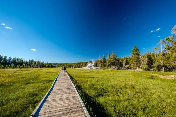 Tourists with backpack hiking in Yellowstone — Stock Photo, Image