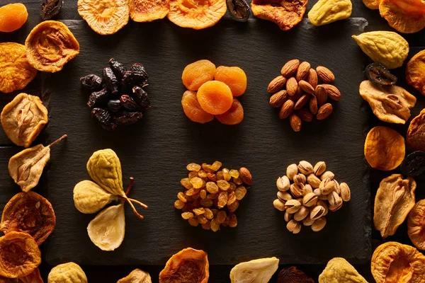 Dried Fruits Nuts Slate Plate Background — Stock Photo, Image