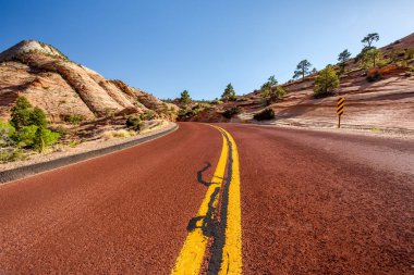 Utah, ABD 'deki Zion Ulusal Parkı' ndaki boş manzaralı otoyol.