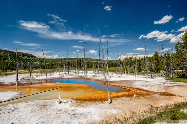 Hot Thermal Spring Opalescent Pool Yellowstone National Park Black Sand — Stock Photo, Image