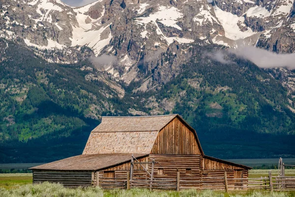 Old Mormon Barn Grand Teton Mountains Low Clouds Grand Teton — Stock Photo, Image