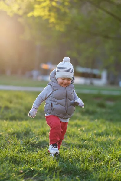 Portrait Toddler Child Warm Vest Jacket Outdoors One Year Old — Stock Photo, Image