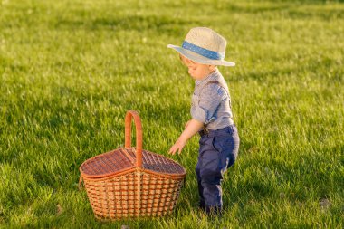 Yeşil çim üzerinde piknik sepeti ile hasır şapka ayakta giyen erkek bebek ile kırsal manzara