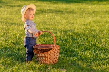 Yeşil çim üzerinde piknik sepeti ile hasır şapka ayakta giyen erkek bebek ile kırsal manzara