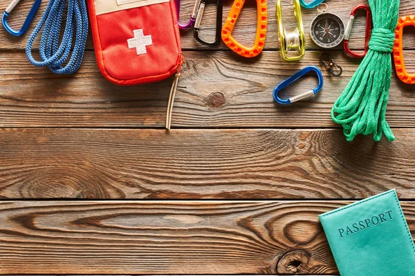 Travel Items Hiking Tourism Still Life Wooden Background — Stock Photo, Image