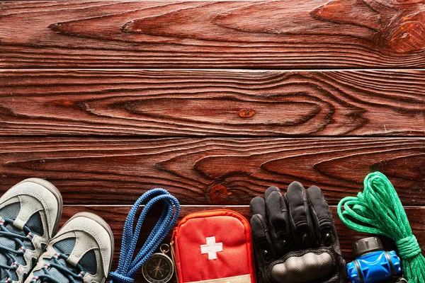 Reizen Artikelen Voor Toerisme Wandelen Houten Achtergrond Met Kopie Ruimte — Stockfoto