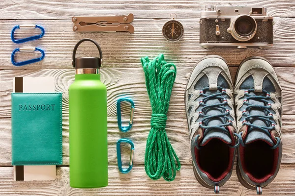 Travel Items Hiking Tourism Wooden Background — Stock Photo, Image