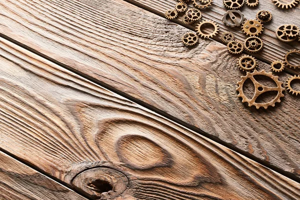 Різні Металеві Колеса Шестерні Дерев Яному Фоні Копіювальним Простором — стокове фото