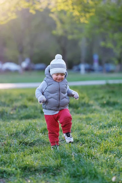 Toddler Boy Wearing Vest Jacket Park Meadow — Stock Photo, Image