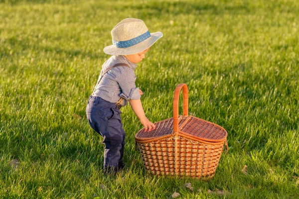 ピクニック バスケットと麦わら帽子を身に着けている幼児の少年 — ストック写真