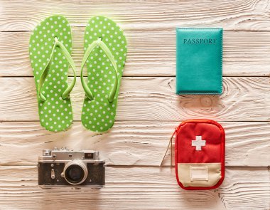 Travel and beach items flat lay still life  clipart