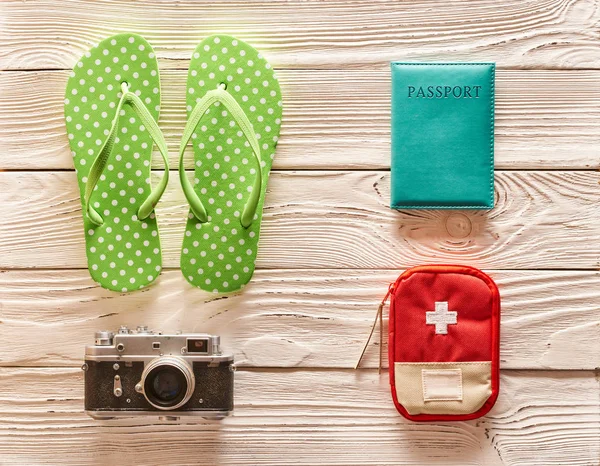 Articoli Viaggio Spiaggia Flat Lay Still Life — Foto Stock