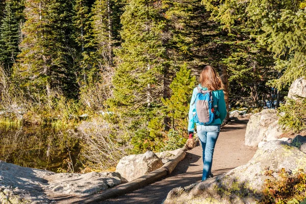 Žena Turistické Pěší Stezce Poblíž Medvědí Jezero Podzim Rocky Mountain — Stock fotografie