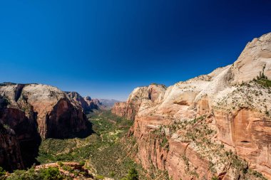 Zion National Park, Utah, ABD mavi gökyüzü altında kaya oluşumları ile manzara