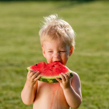 Karpuz dilimi yemek yürümeye başlayan çocuk portresi
