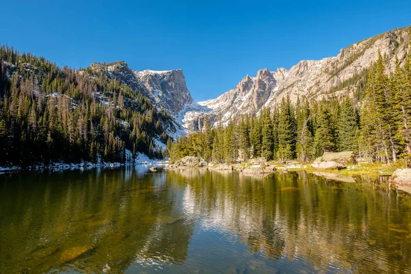 Dream Lake Reflection Mountains Snow Autumn Rocky Mountain National Park — Stock Photo, Image