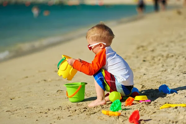 Two Year Old Toddler Boy Playing Beach Toys Beach — Stock Photo, Image