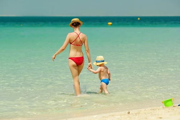 Two Year Old Toddler Boy Walking Beach Mother — Stock Photo, Image