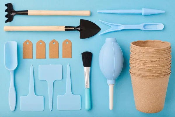 Gardening tools on blue background flat lay — Stock Photo, Image