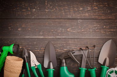 Bahçecilik aletleri ahşap zemin düz üzerinde yatıyordu