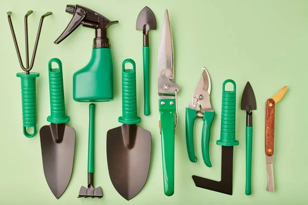녹색 배경에 있는 정원용 도구들이 놓여 있다 — 스톡 사진
