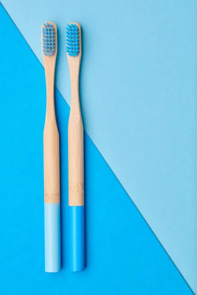 Toothbrushes Blue Background Top View Copy Space Tooth Care Dental — Stock Photo, Image