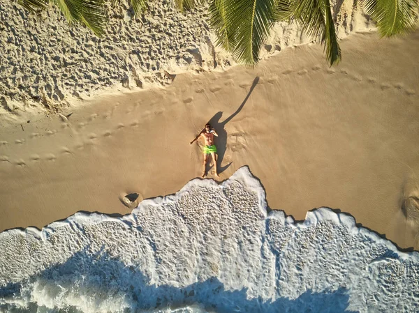 Man Lying Beach Aerial Top View Drone Shot Seychelles Mahe — 스톡 사진