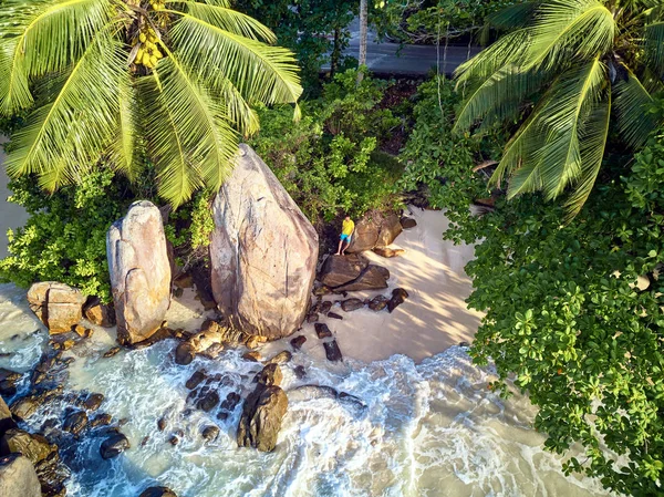 Homem Bela Praia Com Palmeira Rochas Aérea Vista Superior Drone — Fotografia de Stock