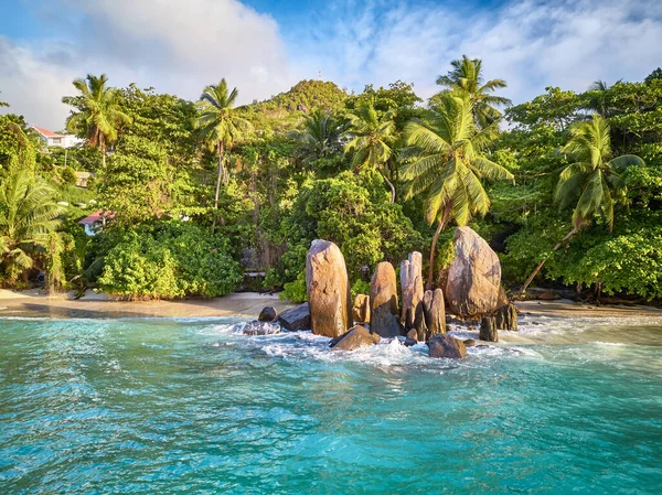 Prachtig Strand Met Palmbomen Rotsen Bovenaanzicht Drone Schot Seychellen Mahe — Stockfoto