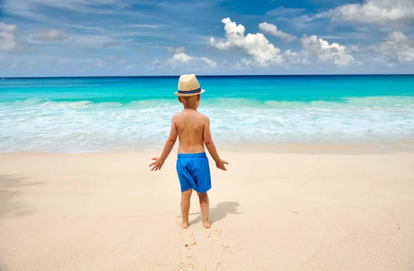 ビーチを歩いている3歳の幼児 セーシェルでの夏休み — ストック写真