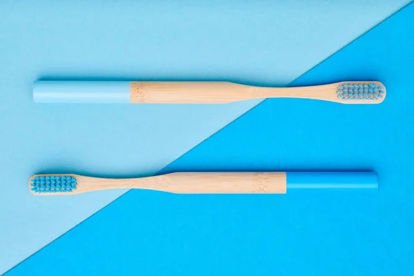 Toothbrushes Blue Background Top View Tooth Care Dental Hygiene Health — Stock Photo, Image