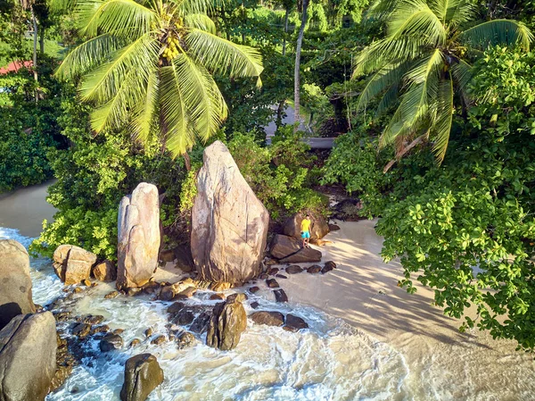 Man Mooi Strand Met Palmbomen Rotsen Bovenaanzicht Drone Schot Seychellen — Stockfoto