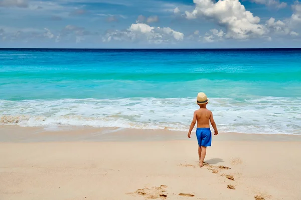 Menino Três Anos Andar Praia Férias Família Verão Seychelles Mahe — Fotografia de Stock