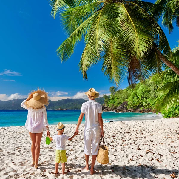 美しいAnse Soleilビーチの家族 3歳の幼児の男の子と白の若いカップル セーシェルでの夏休み — ストック写真