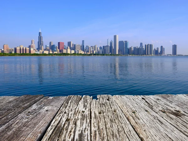 Chicago Városképe Reggel Régi Fából Készült Móló — Stock Fotó