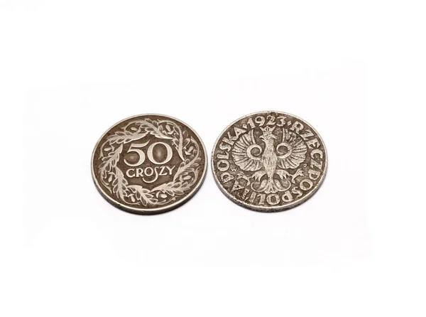 Monete Sfondo Bianco Denaro Polacco — Foto Stock