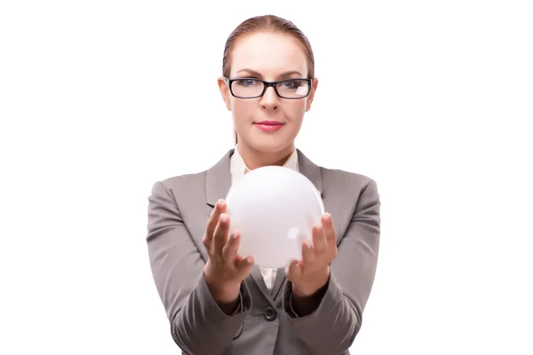 Woman holding crystall ball isolated on white — Stock Photo, Image