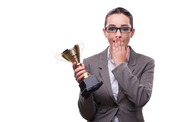 Businesswoman with cup trophy isolated on white — Stock Photo, Image