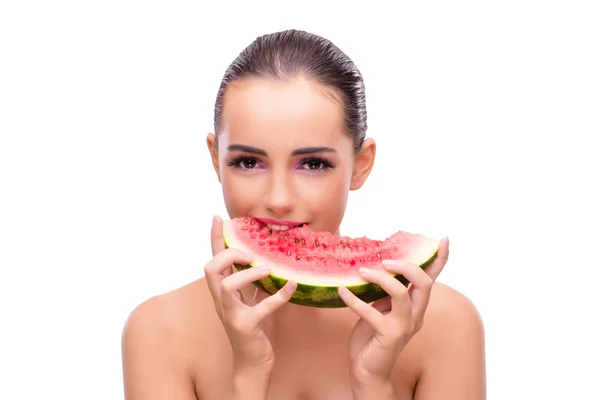 Beautiful woman with watermelon isolated on white — Stock Photo, Image