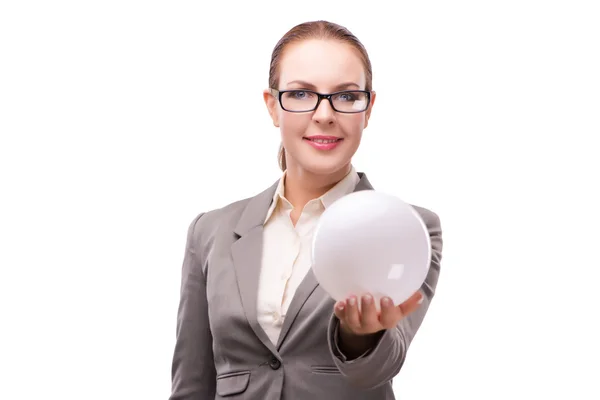 Woman holding crystall ball isolated on white — Stock Photo, Image