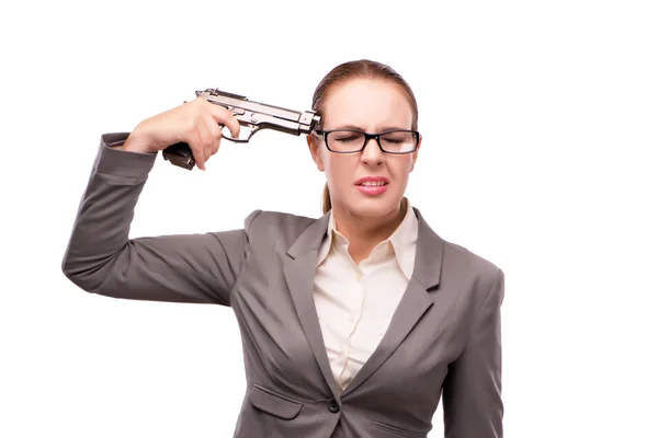 Geschäftsfrau mit Handfeuerwaffe isoliert auf Weiß — Stockfoto